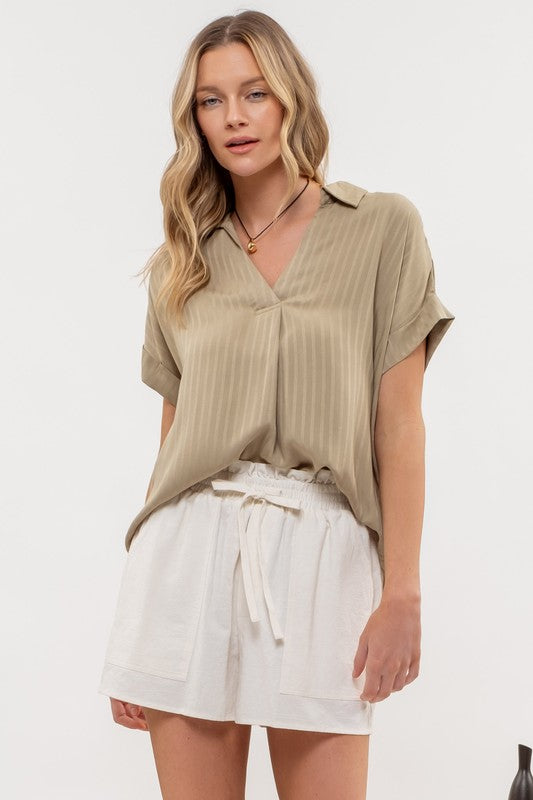 olive short sleeve striped collar top
