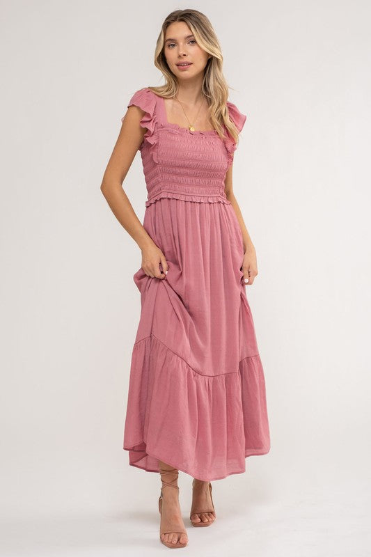 Pink Flutter Sleeve Maxi Dress