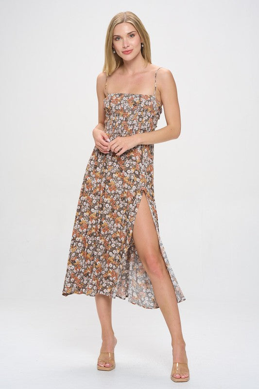 brown floral fit and flare midi dress