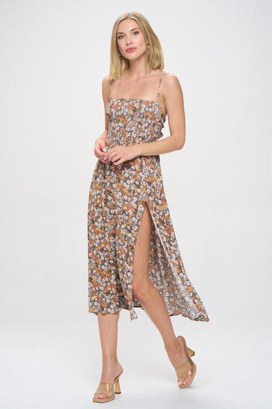 brown floral sleeveless fit and flare midi dress