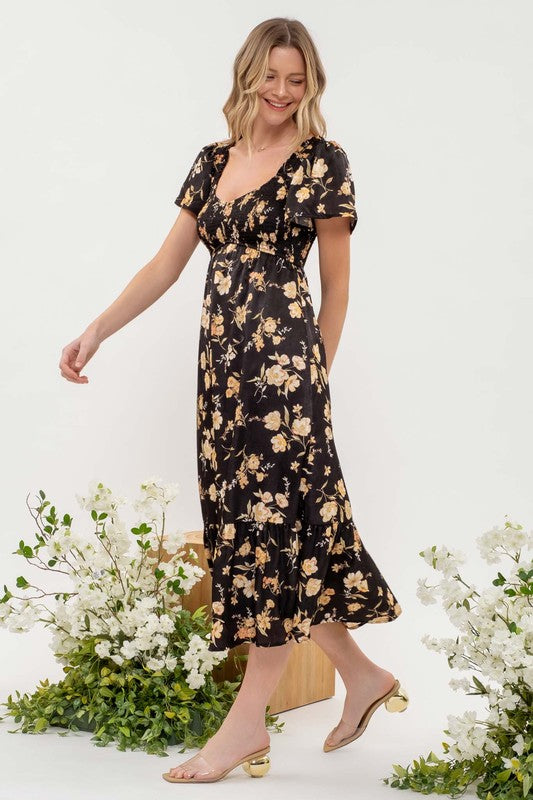black floral midi dress with sleeves
