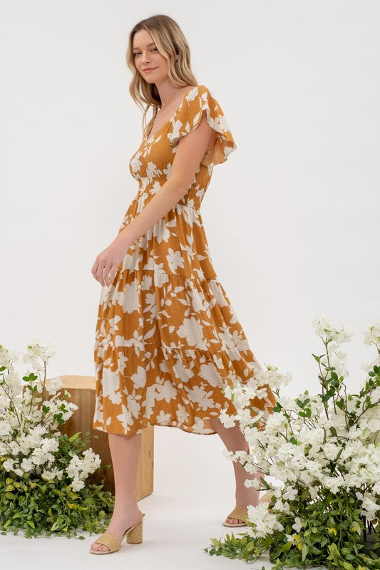 short sleeve floral midi dress