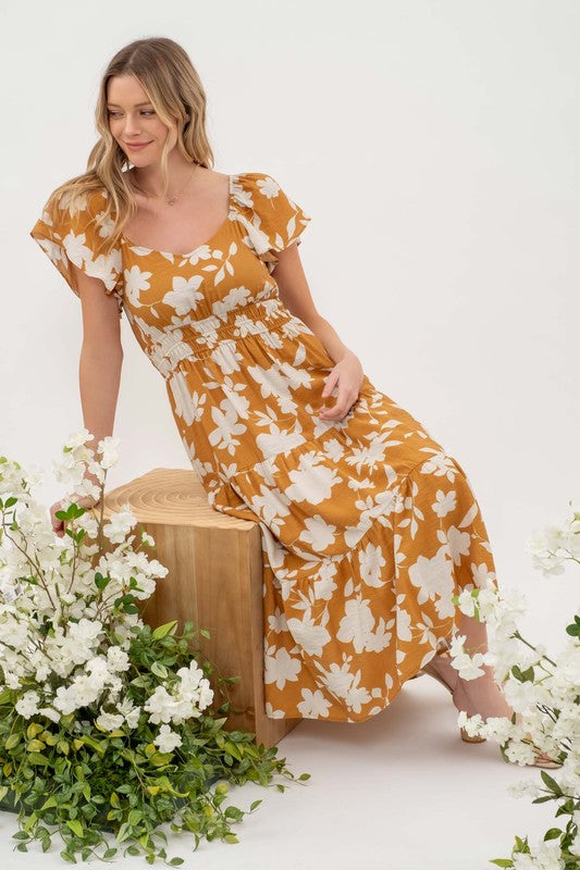 orange floral print short sleeve maxi dress