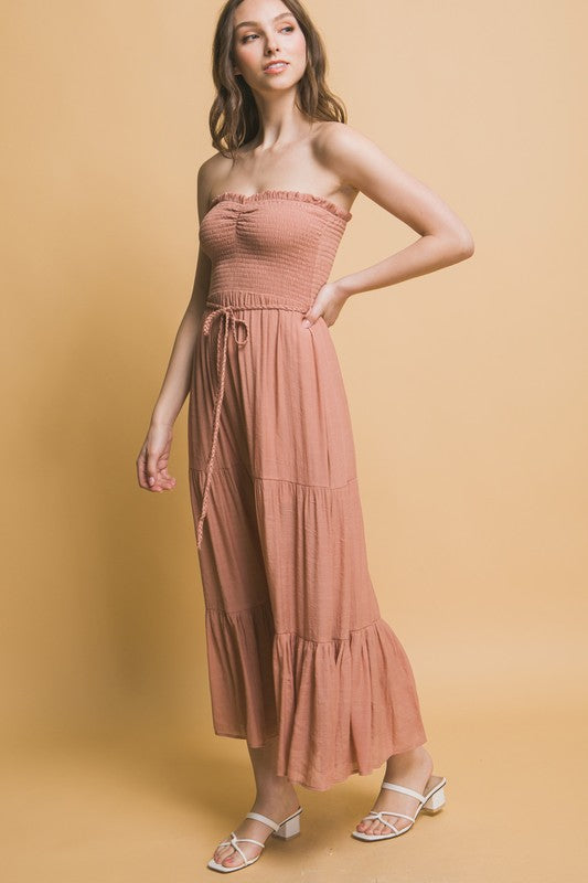 dusty orange fit and flare strapless dress