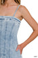 zenana spaghetti strap fitted light denim short dress