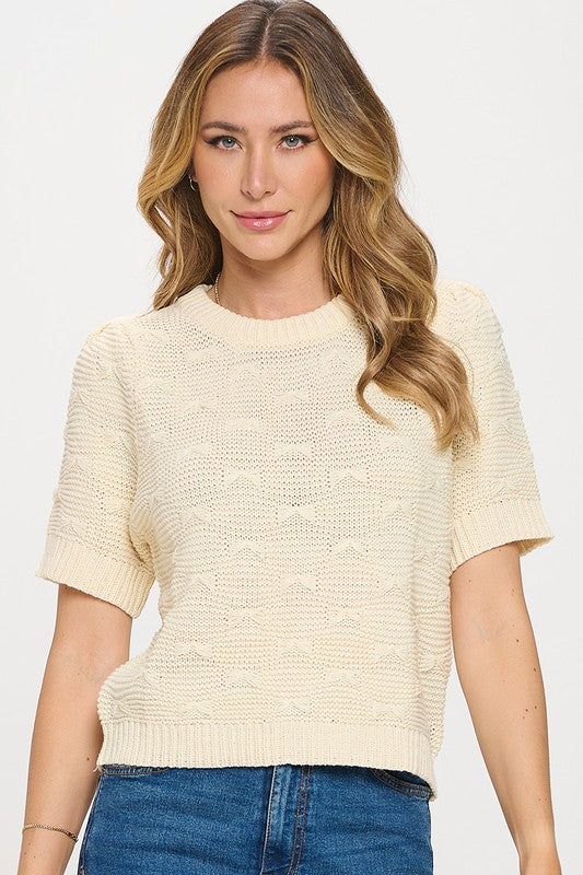 cream knit short sleeve sweater top