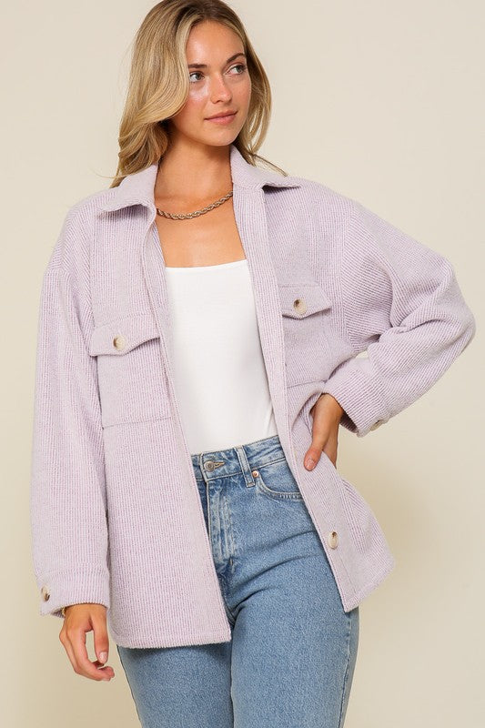 timing lavender soft ribbed button shacket