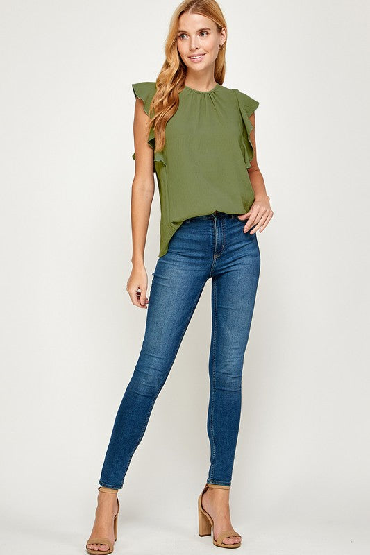 green sleeveless ruffle top