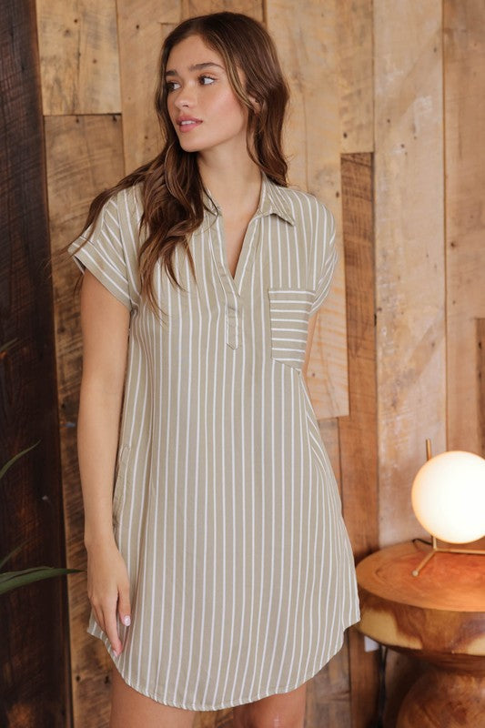 Olive Green Striped Short Sleeve Chambray Shirt Dress