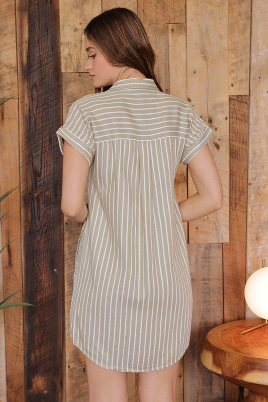 Olive Green Striped Short Sleeve Chambray Shirt Dress