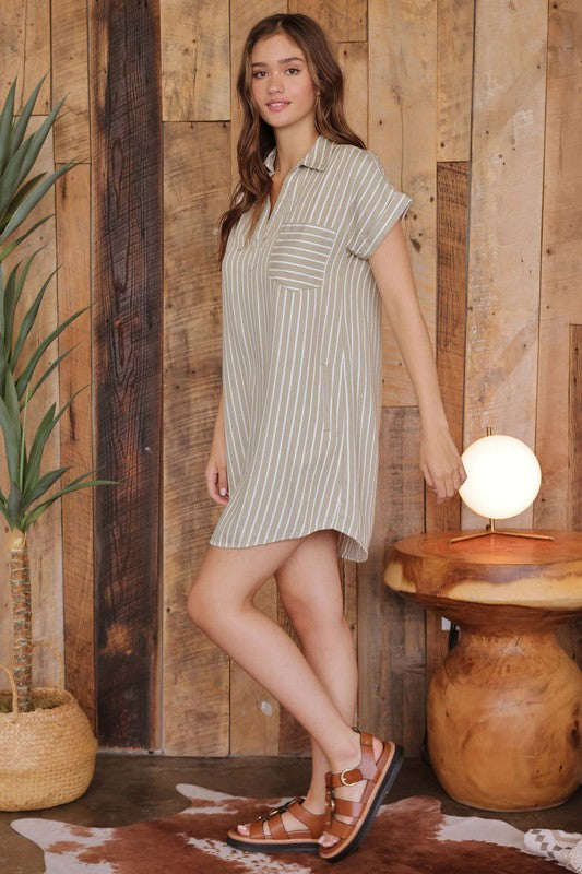 Olive Green Striped Short Sleeve Chambray Shirt Dress