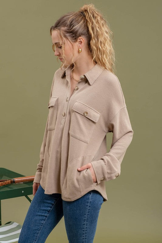 blu pepper mocha long sleeve pocket top