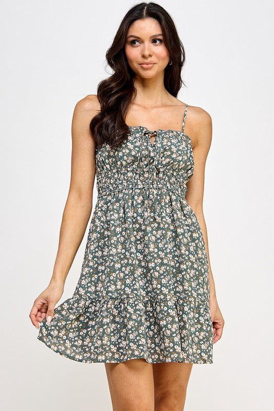 blush bj green floral sleeveless short dress