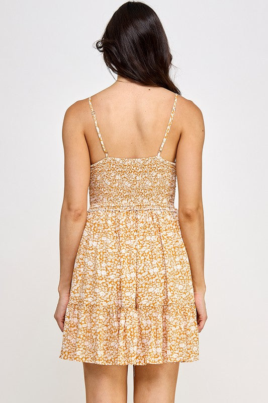 orange floral sleeveless spaghetti strap short dress