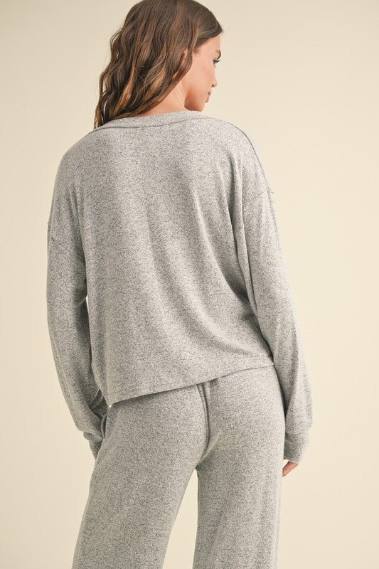 grey brushed knit long sleeve loose fit top