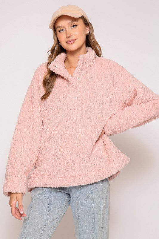 timing pink sherpa pullover top