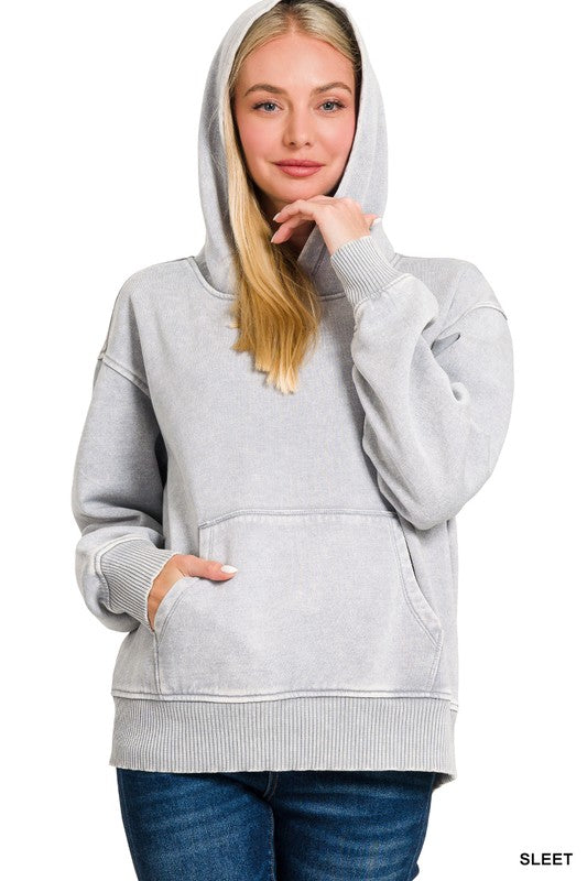 Grey Mineral Wash Fleece-Lined Hoodie