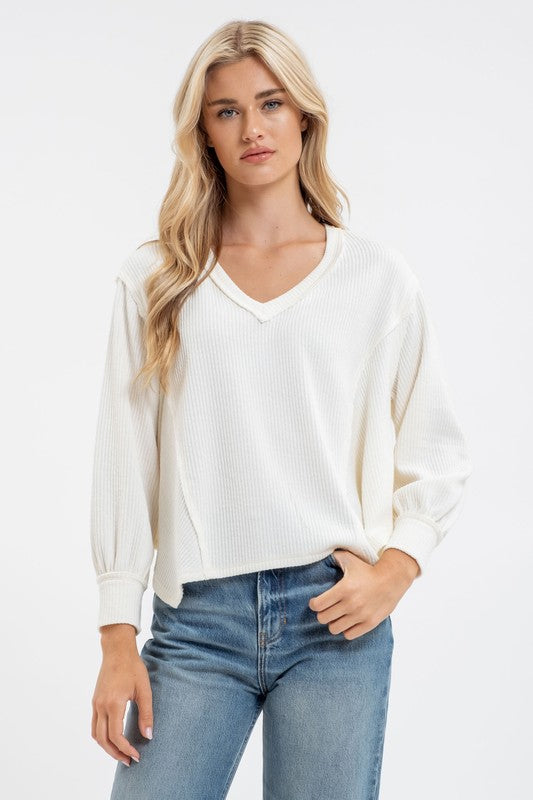 Blu pepper cream waffle knit long sleeve top