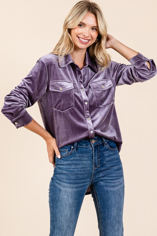 rolypoly plum velvet button down shirt