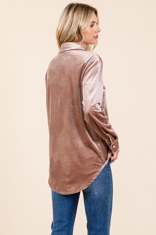 taupe velvet button down collar top