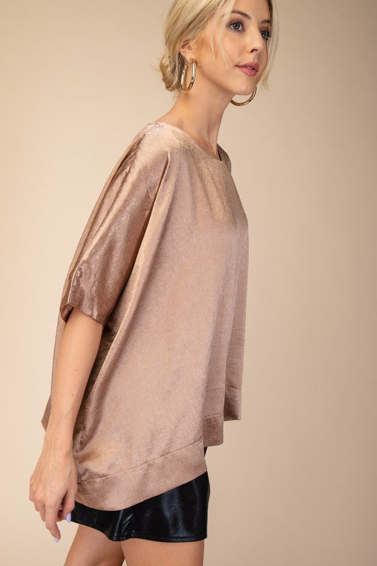 shiny satin flowy short sleeve top