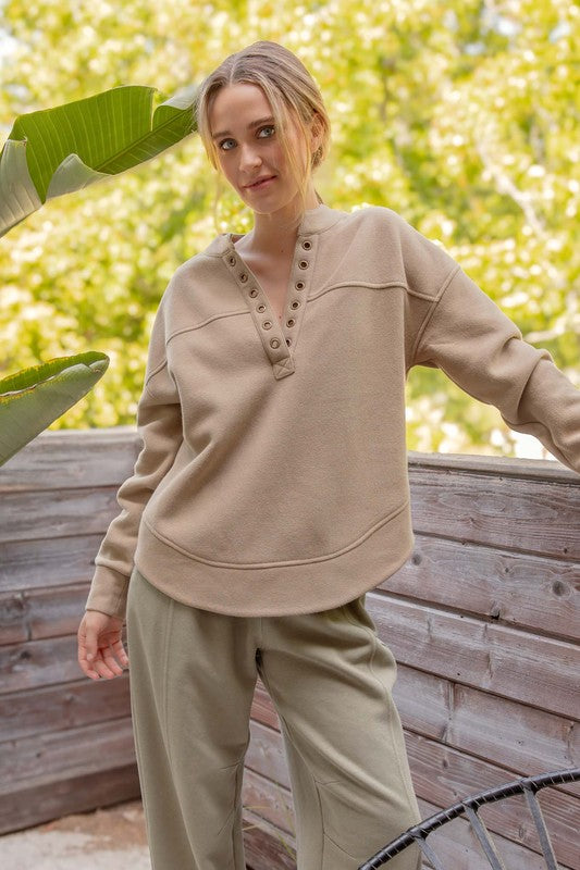 blu pepper taupe v neck grommet long sleeve top