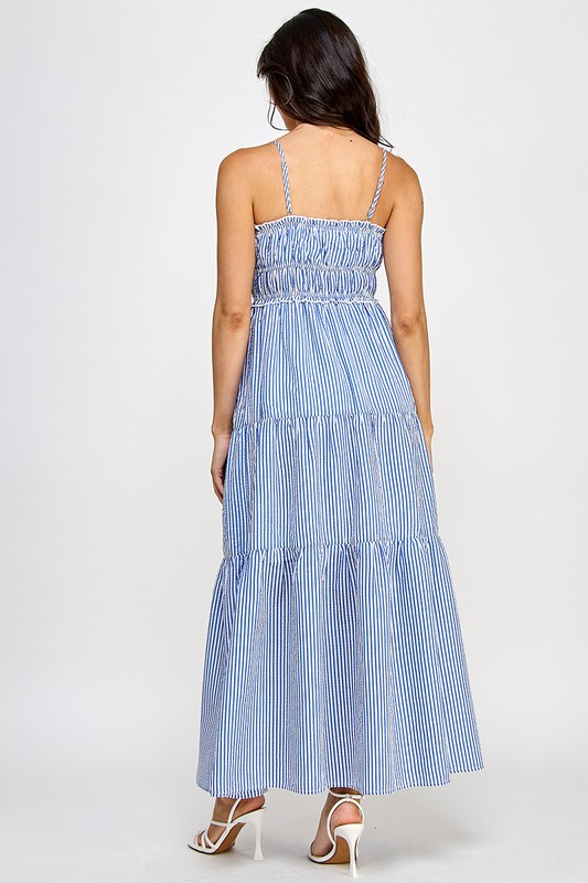 blue striped fit and flare sleeveless long dress