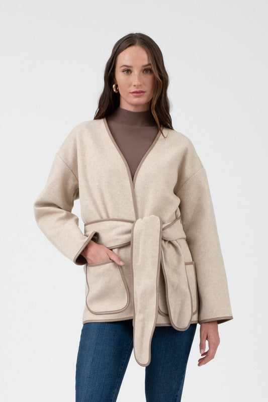 beige soft tie waist sweater coat