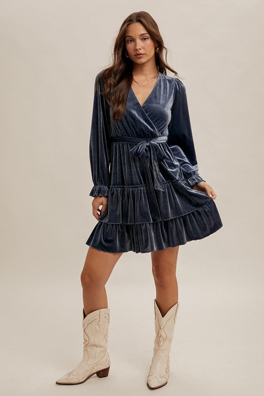 hem & thread blue long sleeve velvet short dress