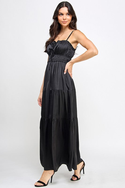 basic black satin maxi dress
