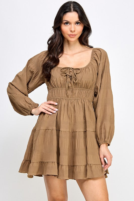 blush and day brown long sleeve short dress