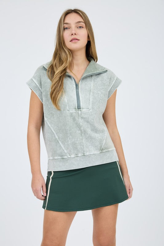 blu pepper green quarter zip mineral wash top