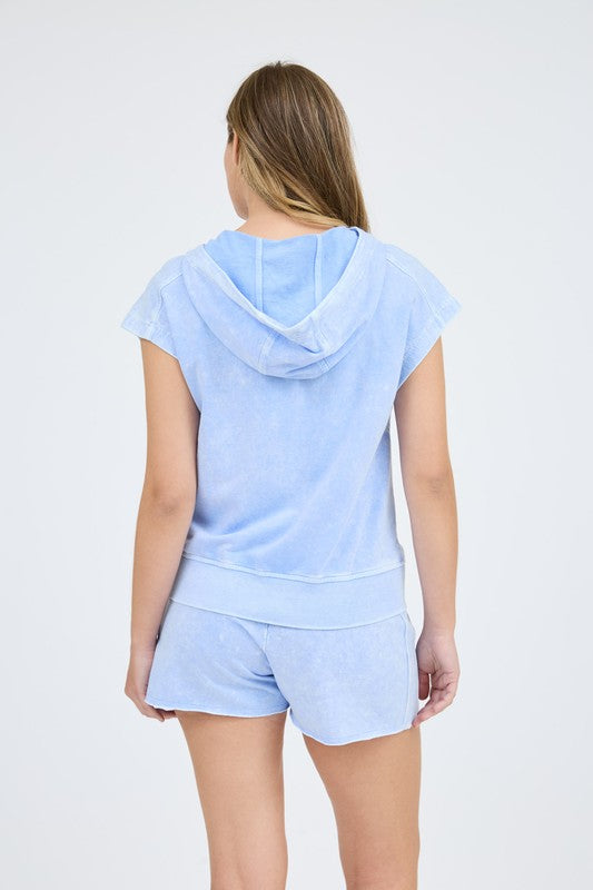 light blue quarter zip sleeveless hoodie