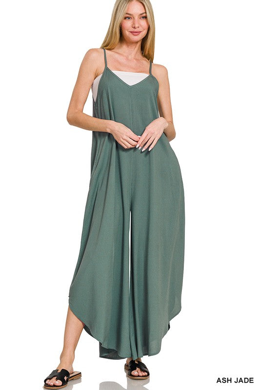 zenana jade green sleeveless wide leg jumpsuit