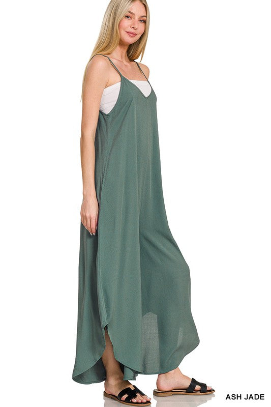 zenana green spaghetti strap flowy jumpsuit