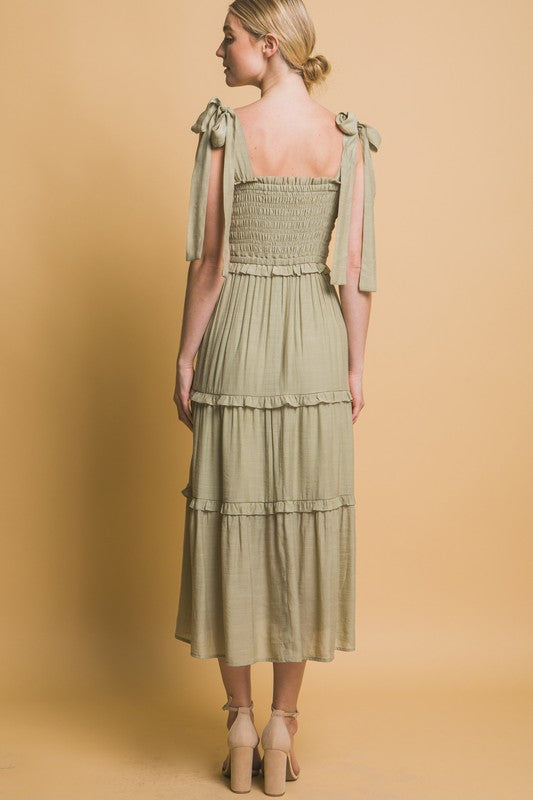 love tree sleeveless smocked midi dress