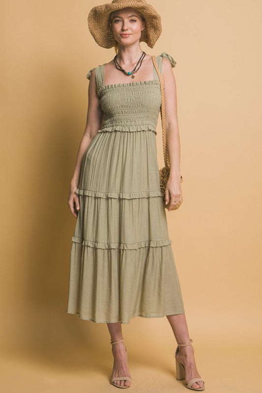 love tree sage green fit and flare midi dress