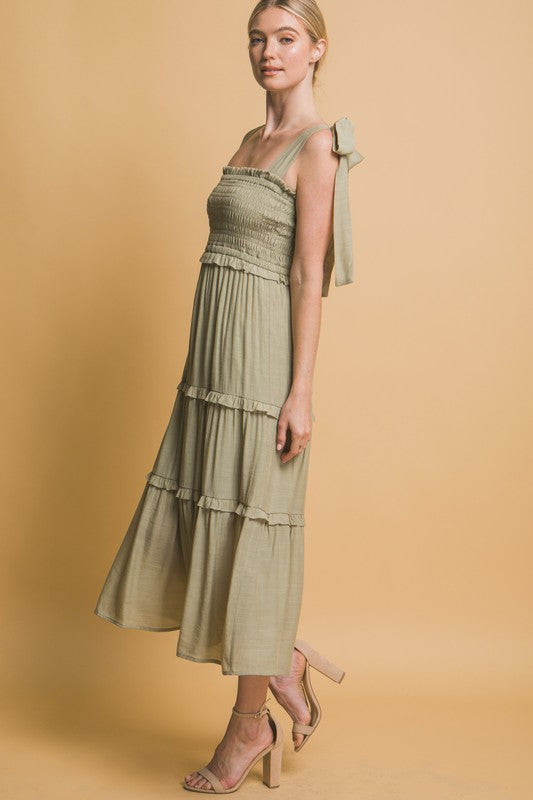 solid green sleeveless tie strap midi dress