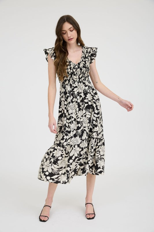 blu pepper black floral short sleeve midi dress