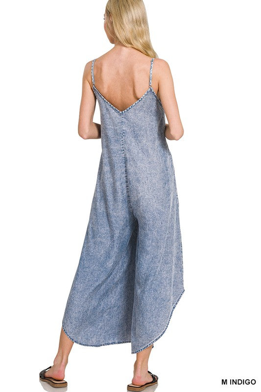 zenana blue acid wash pocket jumpsuit