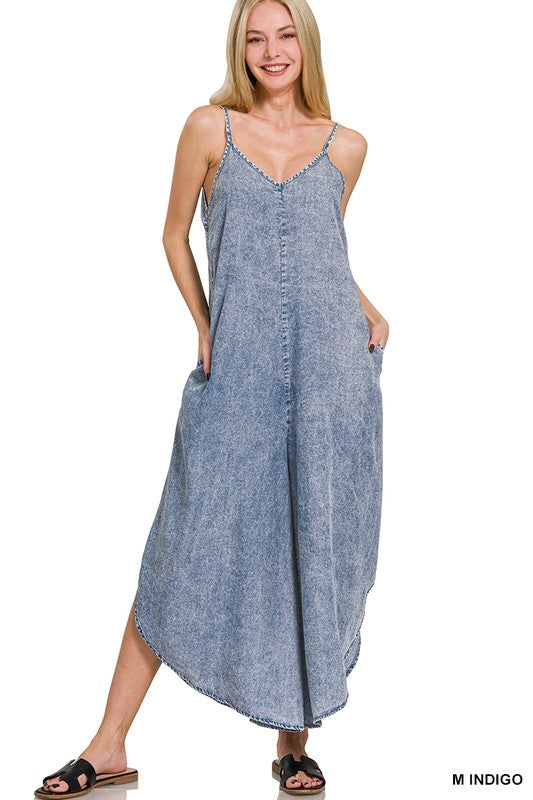 zenana blue mineral wash sleeveless wide leg jumpsuit