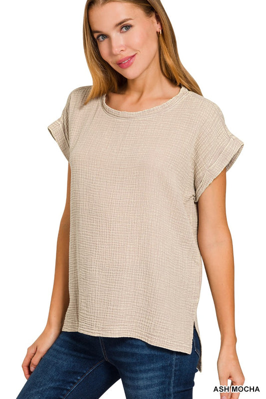 zenana ash mocha short sleeve gauze top