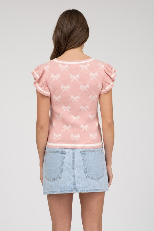 pink ruffle sleeve bow top