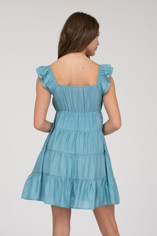 blue ruffle strap mini dress