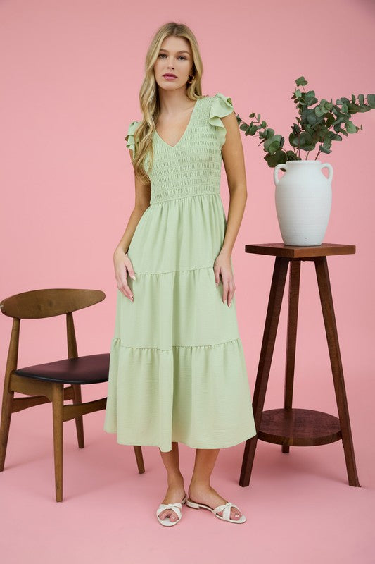 Sage Green Smocked Flutter Sleeve Midi Dress