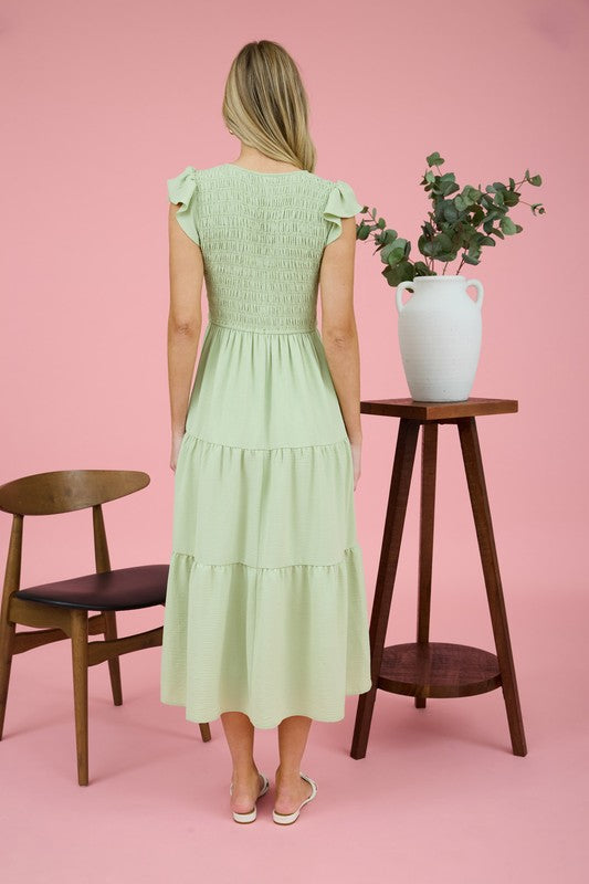 Sage Green Smocked Flutter Sleeve Midi Dress