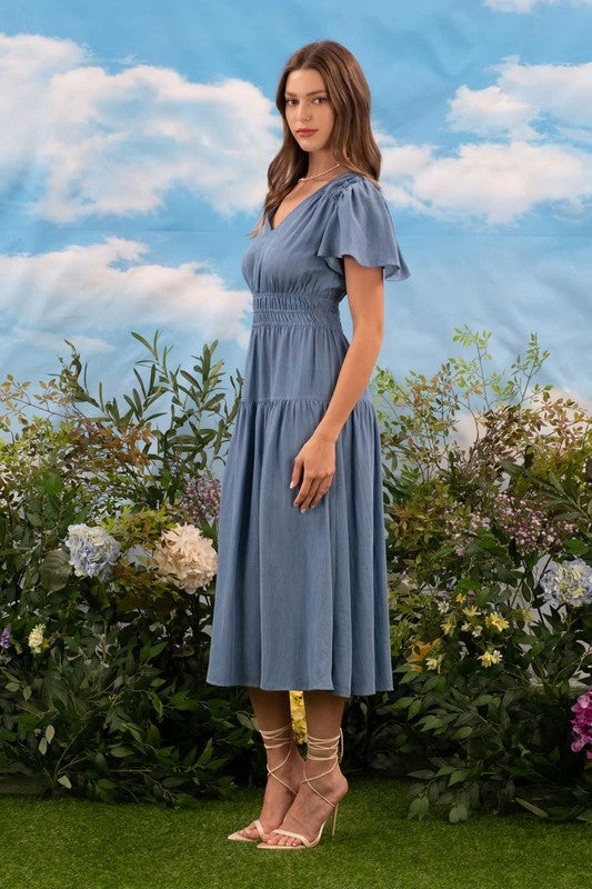 blu pepper short sleeve fit and flare midi dress