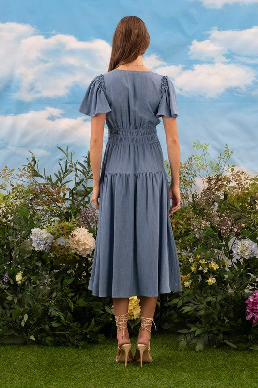 blu pepper short sleeve long chambray dress