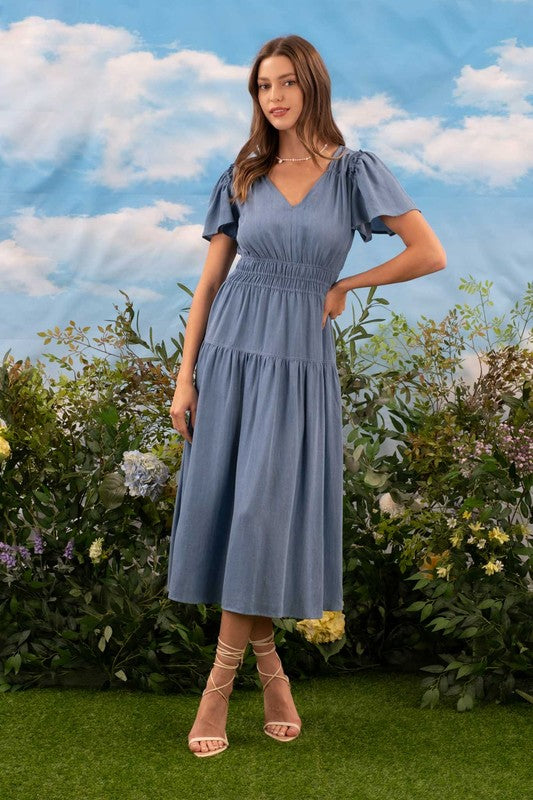 blu pepper blue chambray short sleeve midi dress