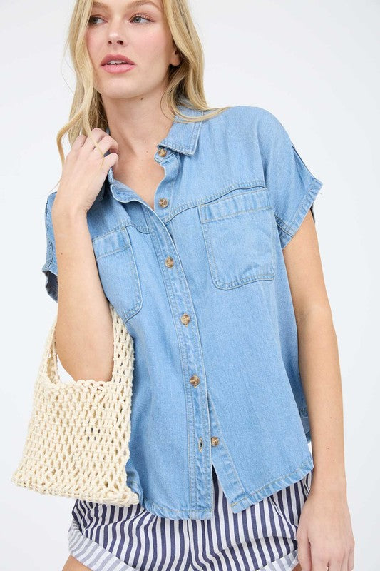 blu pepper blue collar button top